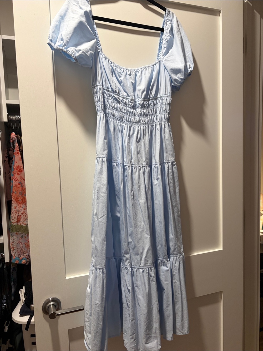 Aritzia Wilfred Light Blue Puff-Sleeve Tiered Midi Dress